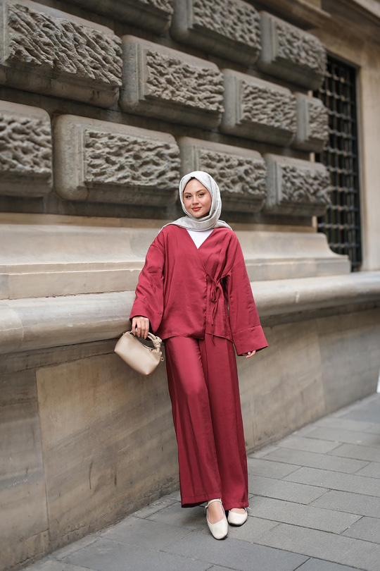 Yan Bağlamalı İkili Kimono Takım Bordo