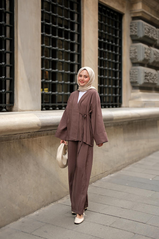Yan Bağlamalı İkili Kimono Takım Kahverengi