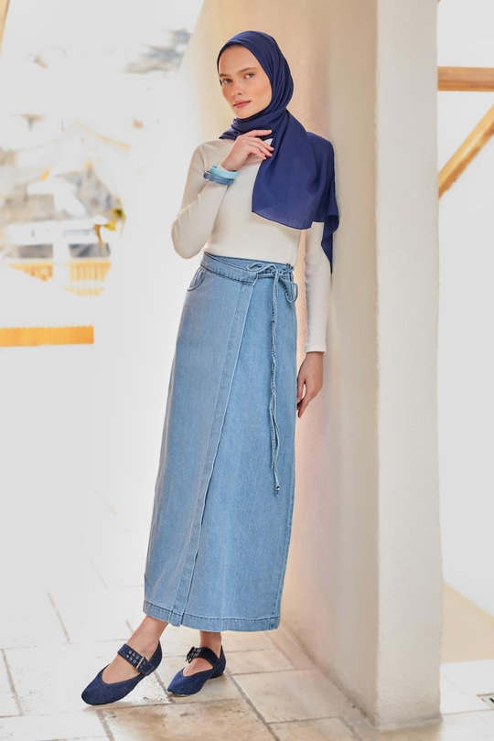 Yan Bağlamalı Jean Etek Buz Mavi