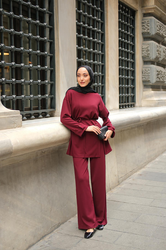 Yan Düğme Detay Takım Bordo