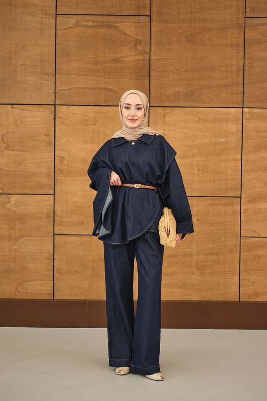 Yan Düğme Detaylı Kot Takım Lacivert