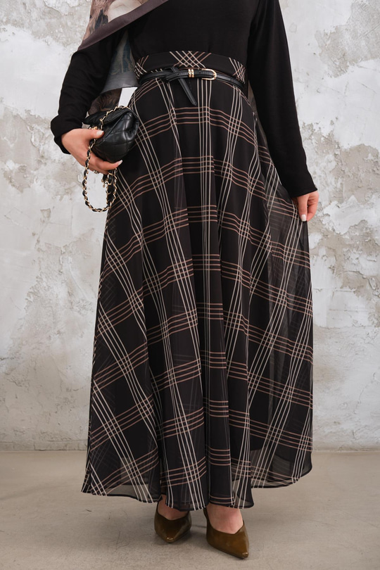 Yan Fermuarlı Kare Desen Şifon Etek Siyah