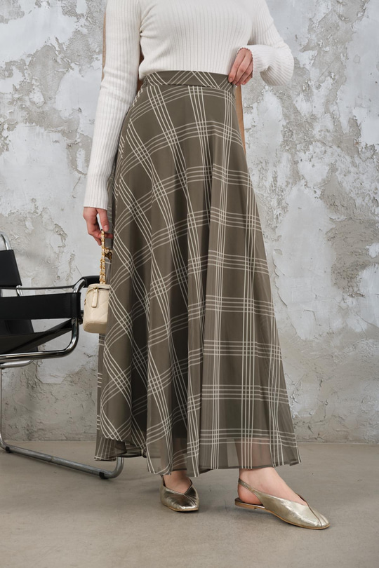 Yan Fermuarlı Kare Desen Şifon Etek Yeşil