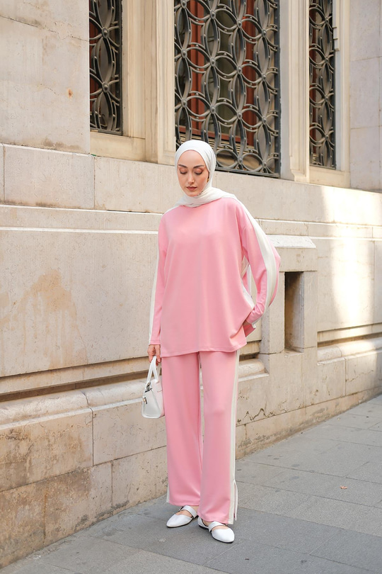 Yan Şerit Detay İkili Takım Pembe