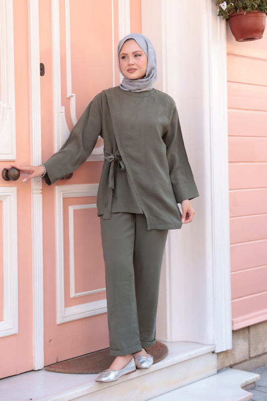 Yandan Bağlamalı Armani Modal Takım Haki Yeşil