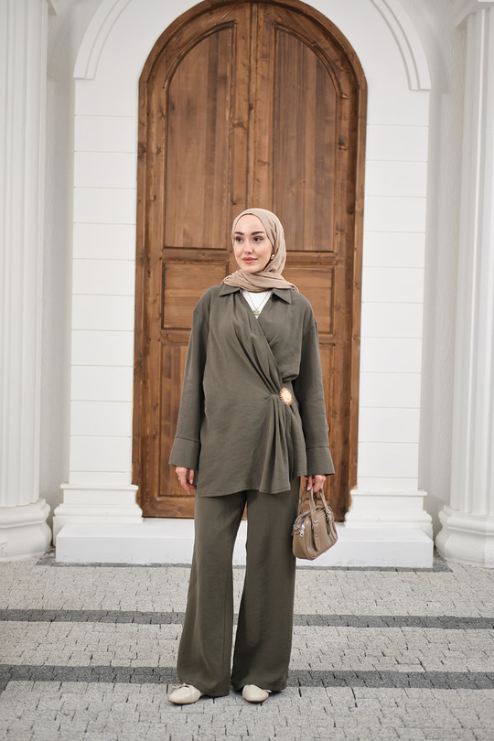 Yandan Bağlamalı Broş Detay Takım Haki Yeşil