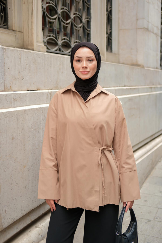 Yandan Bağlamalı Gömlek Vizon