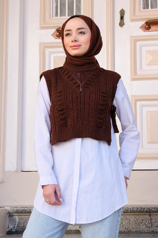 Yandan Bağlamalı Örme Süveter  Acı Kahve