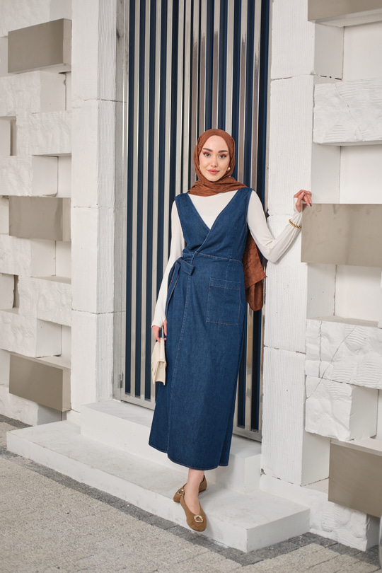 Yandan Bağlamalı V Detaylı Kot Jile Lacivert