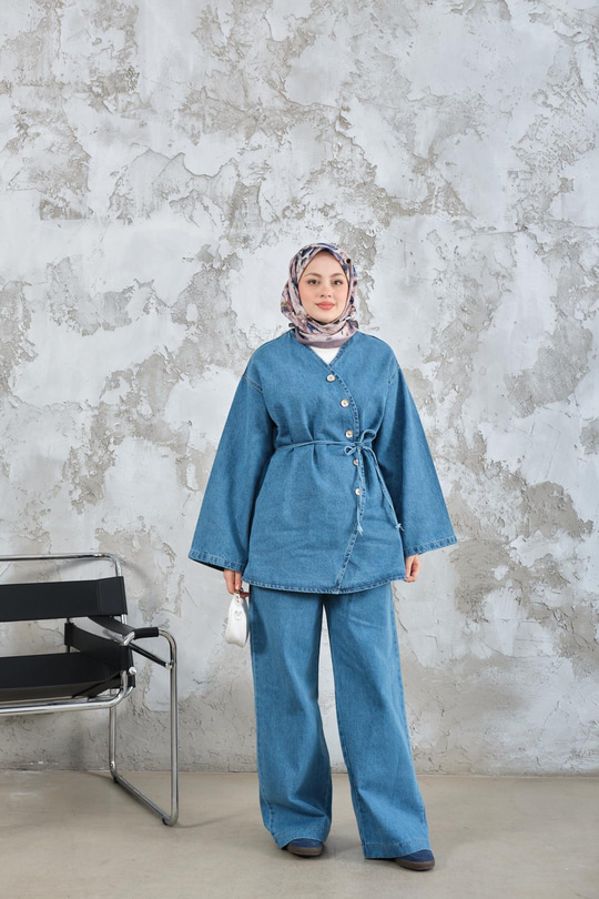 Yandan Düğme Detay Bel Bağlamalı Kot Takım Mavi
