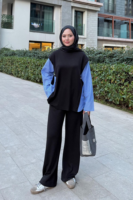 Yandan Düğmeli Gömlek Detaylı Takım Siyah