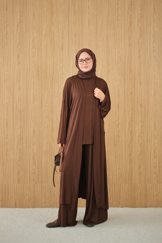 Yandan Yırtmaçlı Sıfır Kol 3'lü Takım Kahverengi