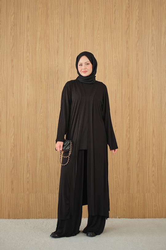 Yandan Yırtmaçlı Sıfır Kol 3'lü Takım Siyah