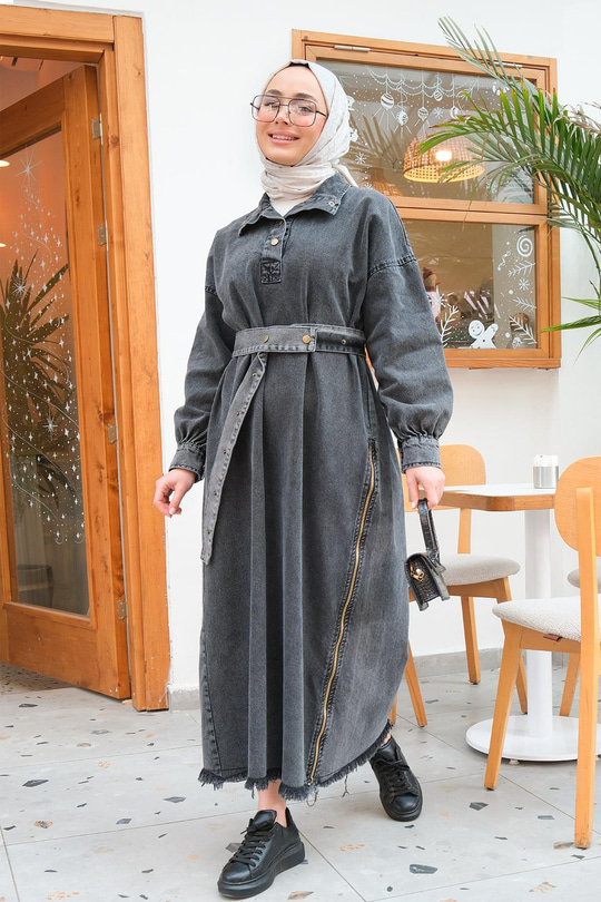 Yanı Fermuar Detay Kot Elbise Füme