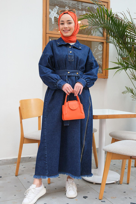 Yanı Fermuar Detay Kot Elbise Koyu Mavi