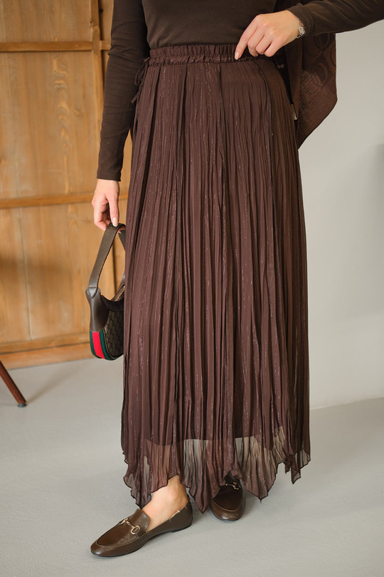 Yanları Bağcık Detay Simli Şifon Etek Kahverengi