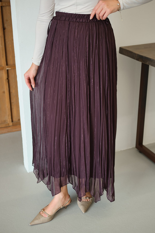 Yanları Bağcık Detay Simli Şifon Etek Mürdüm