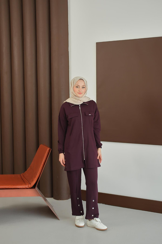 Yanları Çıtçıt Detay Fermuarlı Takım Mürdüm