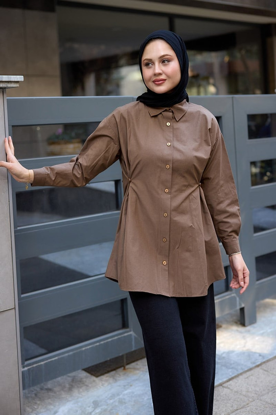 Yanları Düğme Detaylı Gömlek Kahverengi