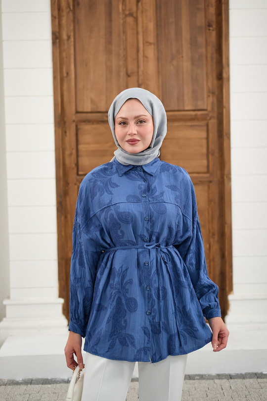 Yaprak Desen Bel Bağlamalı Gömlek Lacivert