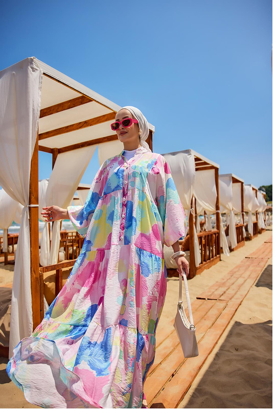 Yaprak Desen Elbise Beyaz