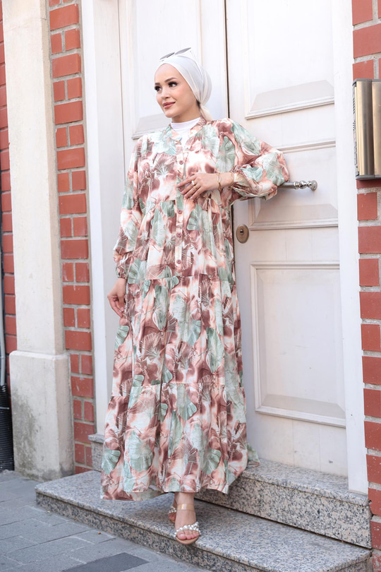 Yaprak Desen Elbise Kahverengi