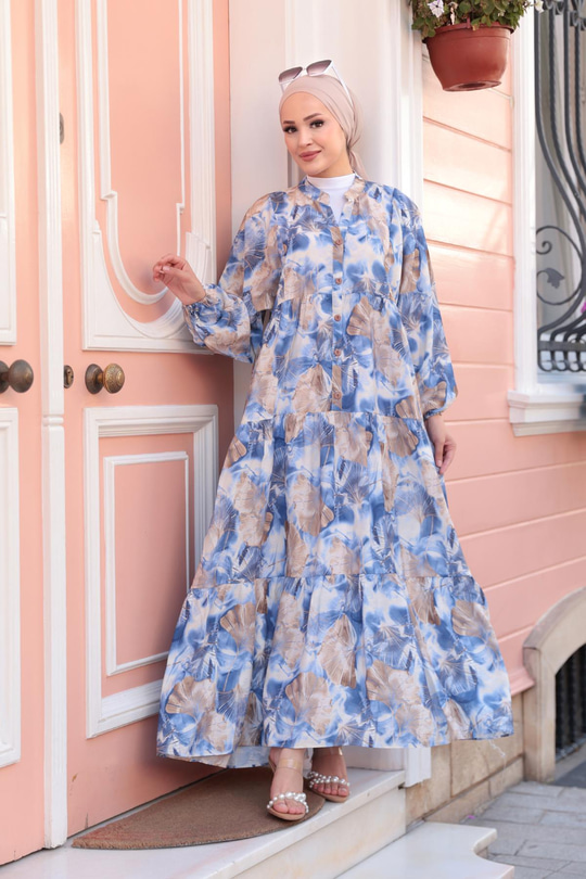 Yaprak Desen Elbise Mavi