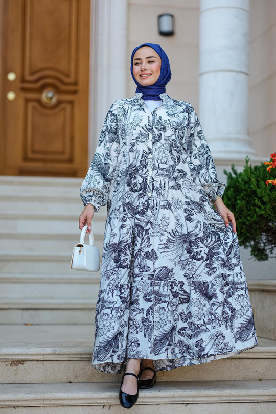 Yaprak Desen Elbise Siyah