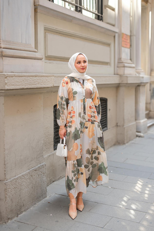 Yaprak Desen Elbise Yeşil