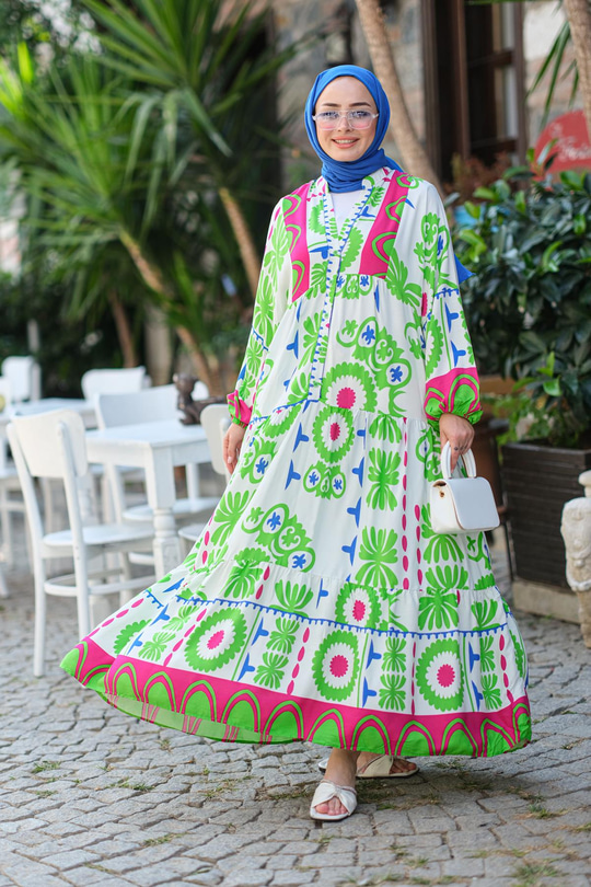 Yaprak Desen Elbise Yeşil