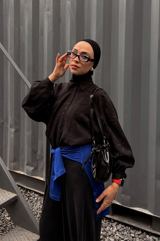 Yaprak Desen Jakar Gömlek Siyah