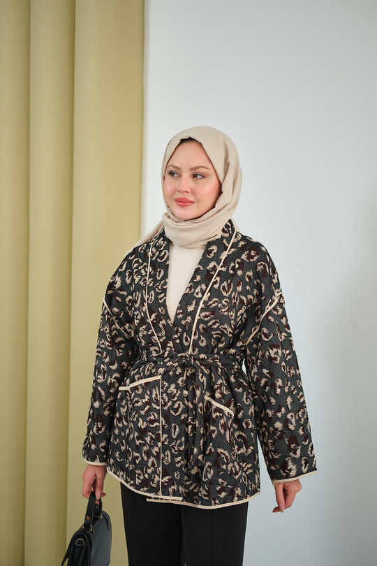 Yaprak Desen Şal Yaka Biyeli Ceket Füme