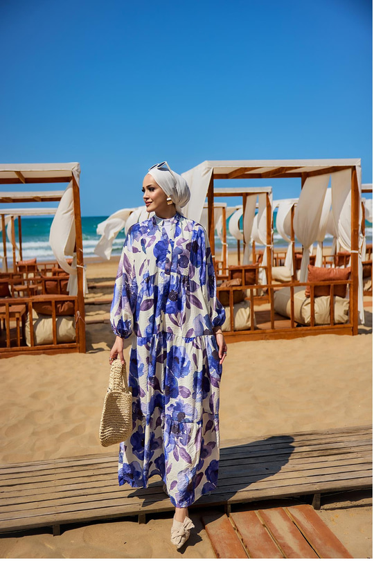 Yaprak Desenli Elbise Mor