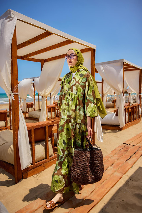 Yaprak Desenli Elbise Yeşil