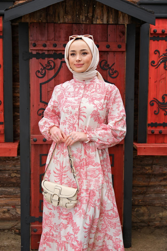 YAPRAK DESNLI ELBISE PUDRA