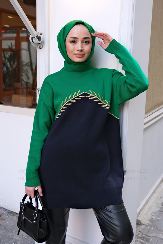 YAPRAK NAKISLI TRIKO TUNIK YESIL-SIYAH