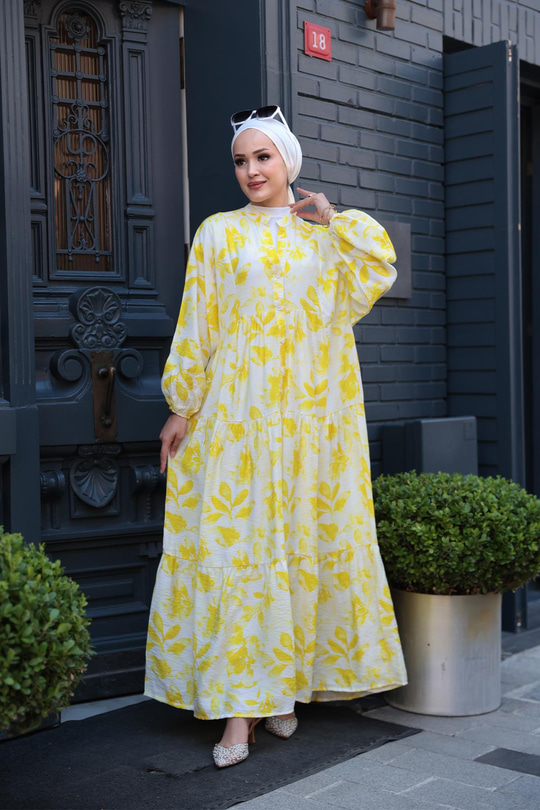 Yapraklı Soyut Desen Elbise Sarı