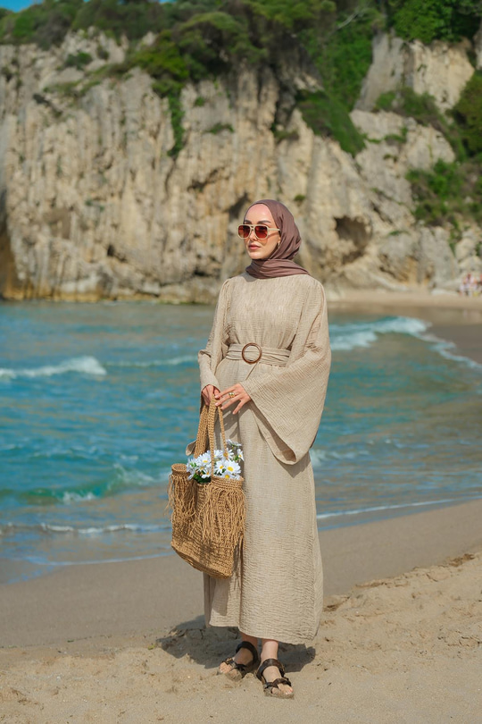 Yarasa Kol Bel Bağlamalı Elbise Vizon