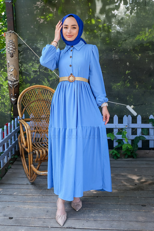 Uygun Fiyatlı YARIM DUGME HASIR KEMERLI ELBISE MAVI | Loccomoda.com 