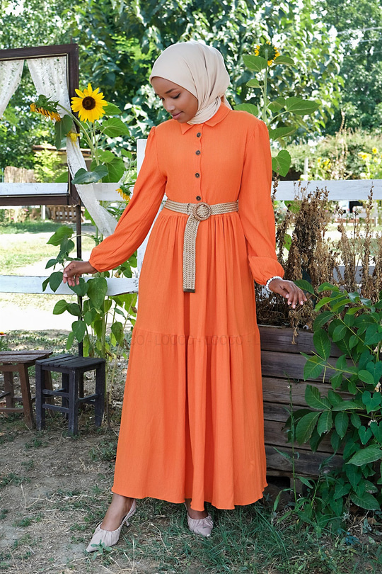 Uygun Fiyatlı YARIM DUGME HASIR KEMERLI ELBISE TURUNCU | Loccomoda.com 