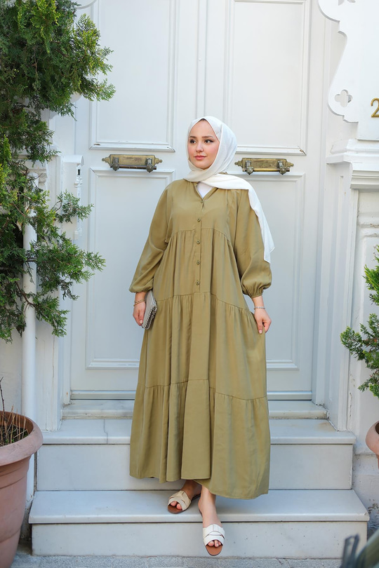 Yarım Düğmeli Elbise Haki Yeşil