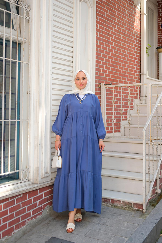 Yarım Düğmeli Elbise İndigo Mavi