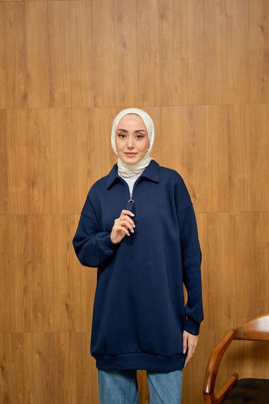 Yarım Fermuar Detay Sweat Lacivert