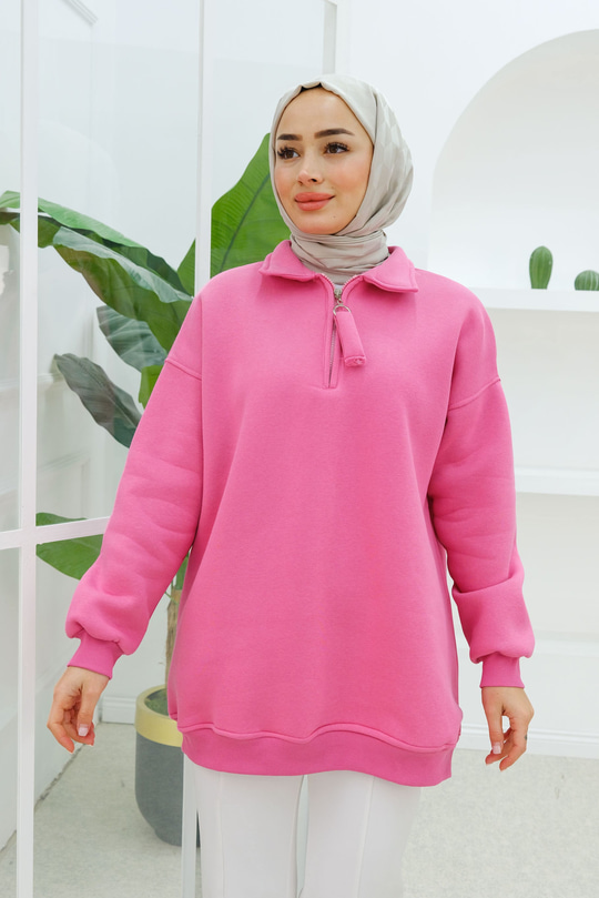Yarım Fermuar Detay Sweatshirt Pembe