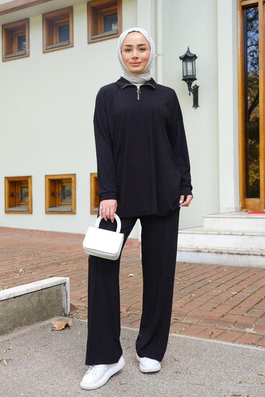 Yarım Fermuarlı İkili Takım Siyah