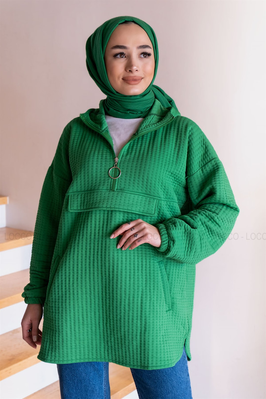 YARIM FERMUARLI KAPSONLU SWEAT YESIL