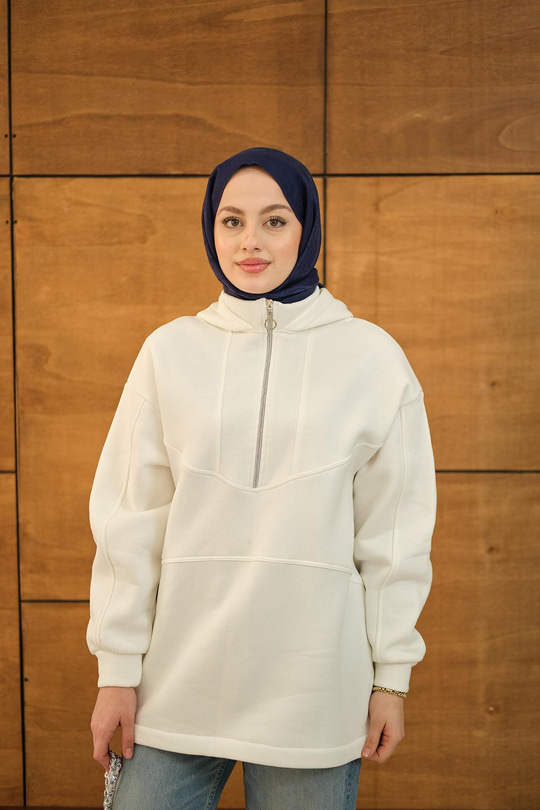 Yarım Fermuarlı Kapüşonlu Sweat Beyaz