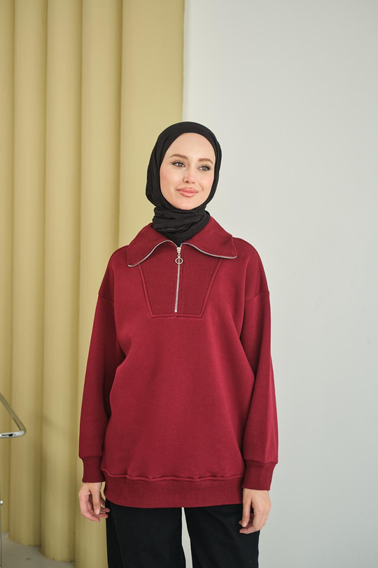 Yarım Fermuarlı Sweat Bordo