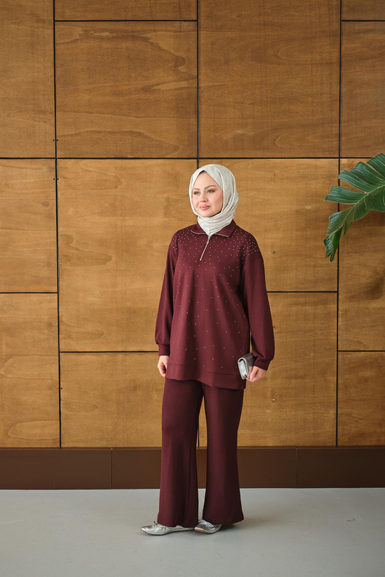 Yarım Fermuarlı Taşlı Takım Bordo