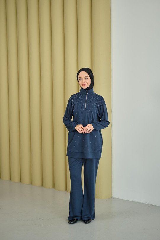 Yarım Fermuarlı Taşlı Takım Lacivert